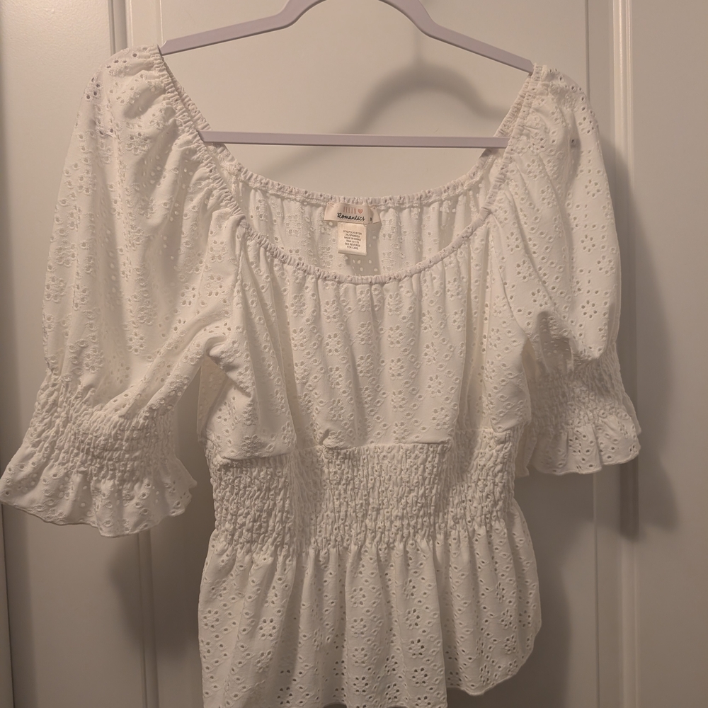 White Eyelet Smocked Women's Top
